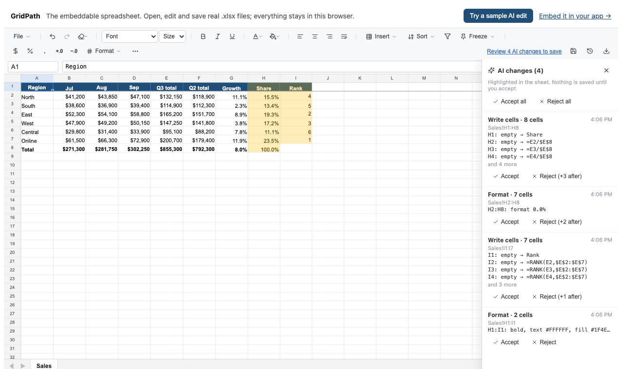 The GridPath spreadsheet with a sales workbook and the AI changes panel listing changes to accept or reject